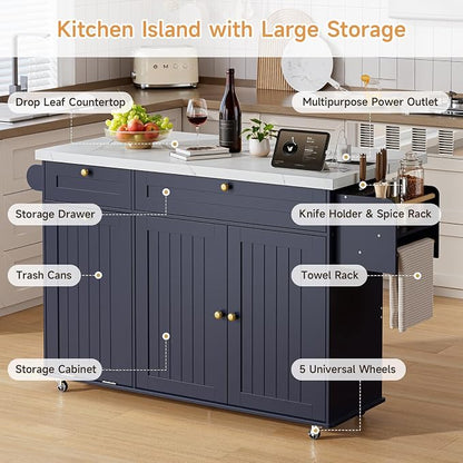 ONBRILL 60" Kitchen Island with Power Outlet & Drop Leaf, Rolling Island with Spice Rack & Towel Rack, Kitchen Island Cart with Trash Storage Cabinet, Island Table for Kitchen, Blue+Imitation Marble