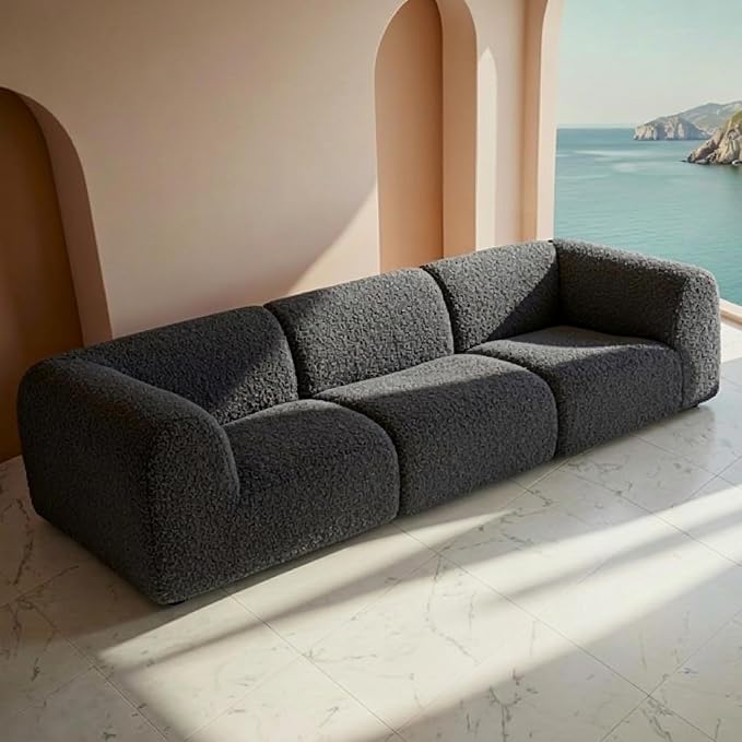 Curved Sectional Modular Couch with Chaise, Modern 110.24'' Boneless Sofa with Deep Seat, Sherpa Boucle Cloud Couch for Living Room, Cozy Teddy 3 Seater Couches，No Assembly, Gray