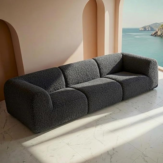 Curved Sectional Modular Couch with Chaise, Modern 110.24'' Boneless Sofa with Deep Seat, Sherpa Boucle Cloud Couch for Living Room, Cozy Teddy 3 Seater Couches，No Assembly, Gray