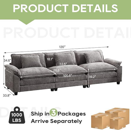 Oprisen 120" Modular Sectional Sofa, Comfy Cloud Couch Sectional Sofa, Chenille Sofa Sleeper Deep Seat Sofa with Throw Pillows for Living Room (Light Gray, 120"- 3 Seater)