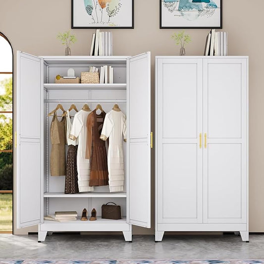 erosoei 71 "Metal Armoire Wardrobe Closet, Steel Clothing Storage Cabinet with Adjustable Shelves and Hanging Rod, Household Steel Wardrobe Storage Cabinet with Adjustable Standing feet (White)