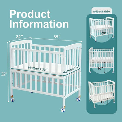 Flwrgirl Mini Baby Crib with Mattress,Portable Bedside Sleeper & Bassinet,6 Adjustable Heights,Wood Nursery Crib with Locking Wheels,Compact Baby Bed for Newborns & Infants,White