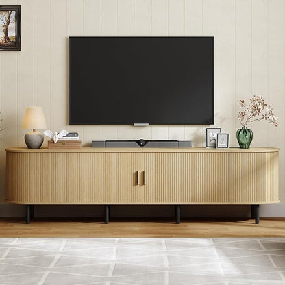 ONBRILL 86.6" TV Stand with Power Outlet for TVs up to 90 Inch, Entertainment Center with Storage and Adjustable Shelves, Modern Media Console with Sliding Doors for Living Room, Oak