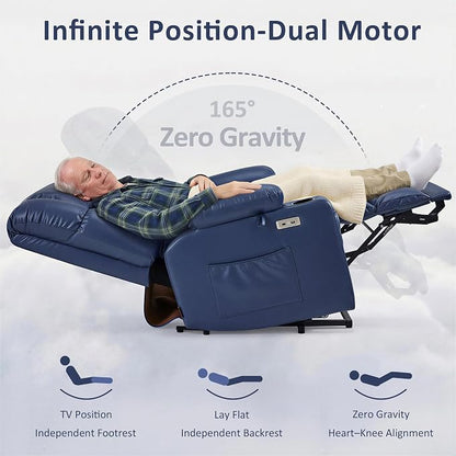 MCombo Dual Motor Power Lift Recliner Chair for Elderly, Lay Flat Lift Chair with Heat and Massage, Oversized Lift Recliner for Big and Tall, Faux Leather R7891 (Blue, Large-Wide)