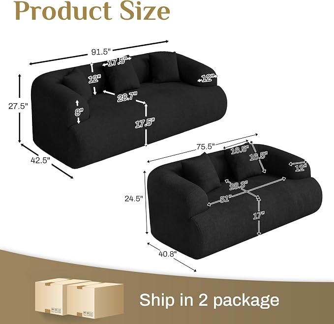 Oversized Sectional Sofa for Living Room, 91" + 76'' Modern Luxury Plush Chenille Extra Deep & Wide Seat Curved Cloud Couch with Throw Pillows, No Assembly Needed, Black