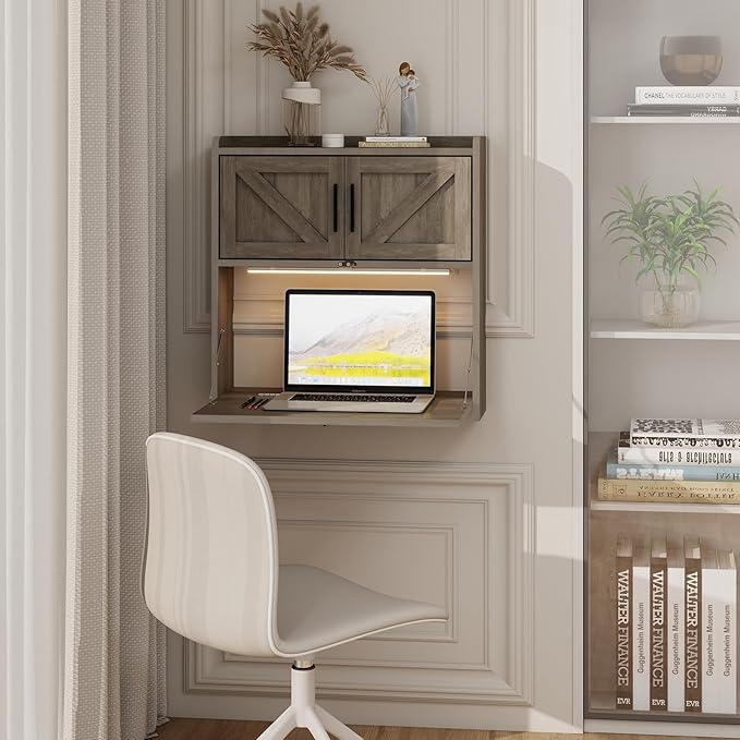 ARTETHYS Wall Mounted Desk Folding with Light Drop Down Hanging Desk,Gray | 3 Color Adjustable Light, Fold Down Computer Desk, Writing Workstation with Storage Compartment, Space Saving for Home Office