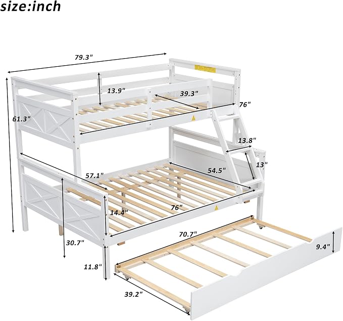 Merax Trundle Bunk Bed, Twin Over Full Wood Bunk Bed with Twin Size Trundle and Ladder, 3-in-1 Convertible to 2 Separate Beds, Solid Wood Frame with Guardrail, White