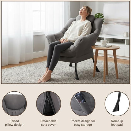 Welnow Dark Grey Single Lazy Chair for Living Room, Modern Reading Accent Chair with Armrests and a Side Pocket, Leisure Lazy Sofa Chair for Small Space, Bedroom, Dorm