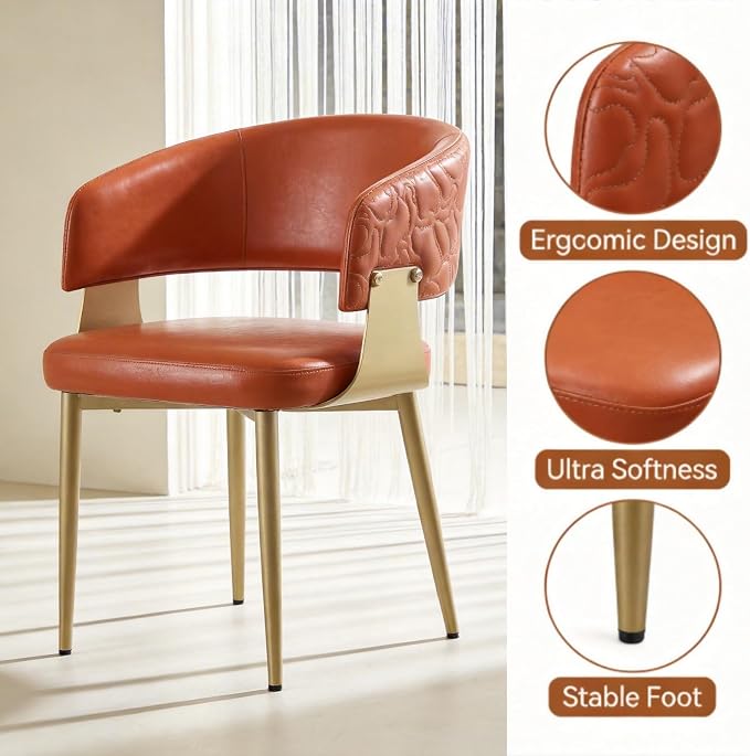 Atoll Modern Accent Dining Chairs Set of 4 with Upholstered PU Leather Seat & Curved Back, Metal Legs, Mid-Century Kitchen Chair for Dining Room, Living Room or Office (4, Orange)