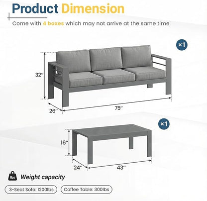 Solaste Aluminum Patio Furniture Set for All Weather, Oversized Metal Outdoor Furniture Set with 27.5" Deep Seating and 3.2" Wide Armrest, Outdoor Patio Sofa with 10" Back Suport Cushion