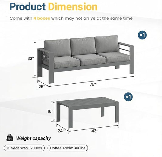 Solaste Aluminum Patio Furniture Set for All Weather, Oversized Metal Outdoor Furniture Set with 27.5" Deep Seating and 3.2" Wide Armrest, Outdoor Patio Sofa with 10" Back Suport Cushion