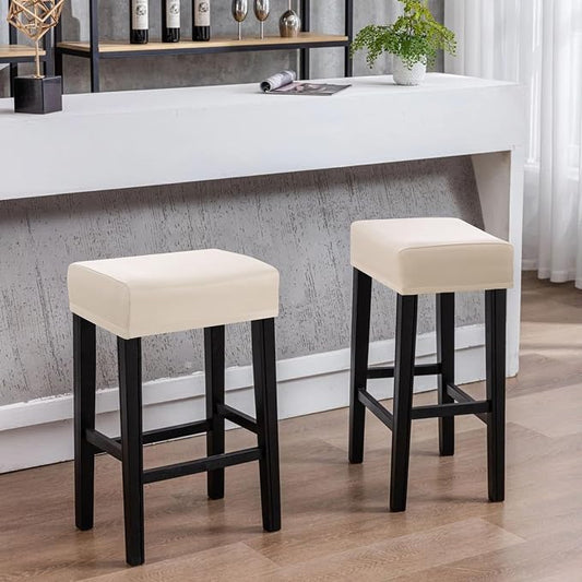 YISUN Stool Covers Rectangle - 2 Pack Stretch Waterproof Saddle Seat Cover Counter Bar Stools Bar Chairs Covers Kitchen Island Chairs Cushion Protector (2, Pu Leather-Beige)
