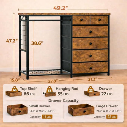 Simple Deluxe Storage Clothes Rack with 6 Drawers, Charging Station & LED Lights, Fabric Chest Shelves Clothing Rack, Wooden Portable Wardrobe Closet, 49.2" W x 15.7" D x 47.2" H, Brown