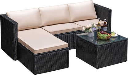 Greesum 3 Piece Patio Furniture Set Outdoor Wicker Rattan Sectional Sofa with Adjustable Seat, Soft Cushions & Coffee Table for Yard, Garden, Porch, Poolside, Beige