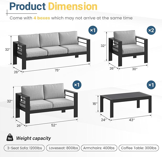 Solaste Aluminum Patio Furniture Set for All Weather, Oversized Metal Outdoor Furniture with 27.5" Deep Seating and 3.2" Wide Armrest, Patio Conversation Set with 10’’ Back Cushion, Black and Grey