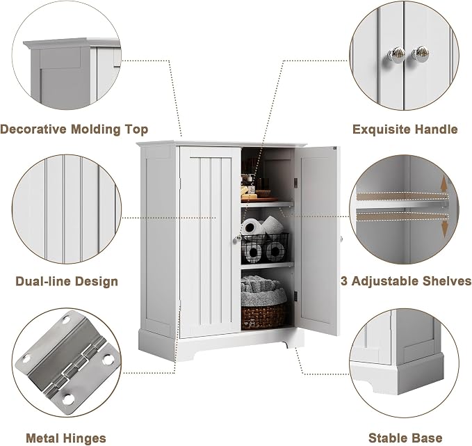 ChooChoo Bathroom Floor Cabinet, Modern Bathroom Storage Cabinet with 2 Doors and Adjustable Shelves, Freestanding Cupboard for Living Room, White