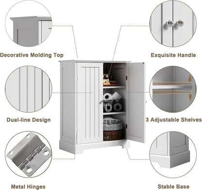 ChooChoo Bathroom Floor Cabinet, Modern Bathroom Storage Cabinet with 2 Doors and Adjustable Shelves, Freestanding Cupboard for Living Room, White