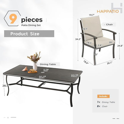 HAPPATIO Aluminum 9 Piece Patio Dining Set - Aluminum Outdoor Dining Set for 8, Patio Dining Table and Chairs Set, Patio Furniture with Table and Chairs (Black)