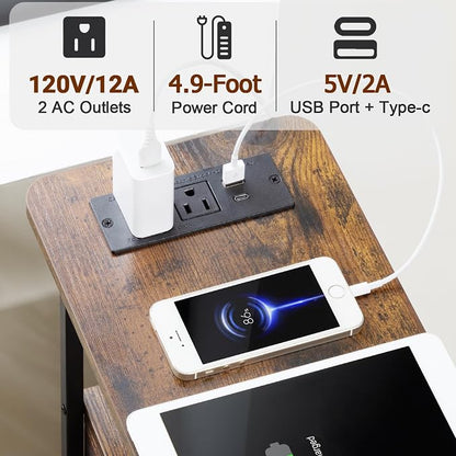 LOAKEKEL Narrow End Tables Living Room Set of 2 with Charging Station, Skinny Side Table with Fabric Drawers, Slim LED Nightstand for Bedroom, Small Spaces, Couch, Rustic Brown, HETNDP03LPBR