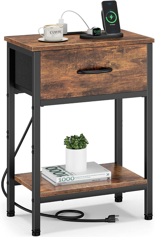 Vagusicc Nightstand with Charging Station, End Table with Fabric Drawer, Small Side Table with 2-Tier Storage Shelves, 25.4" Tall Bedside Table, Night Stand for Bedroom Living Room Dorm, Rustic Brown