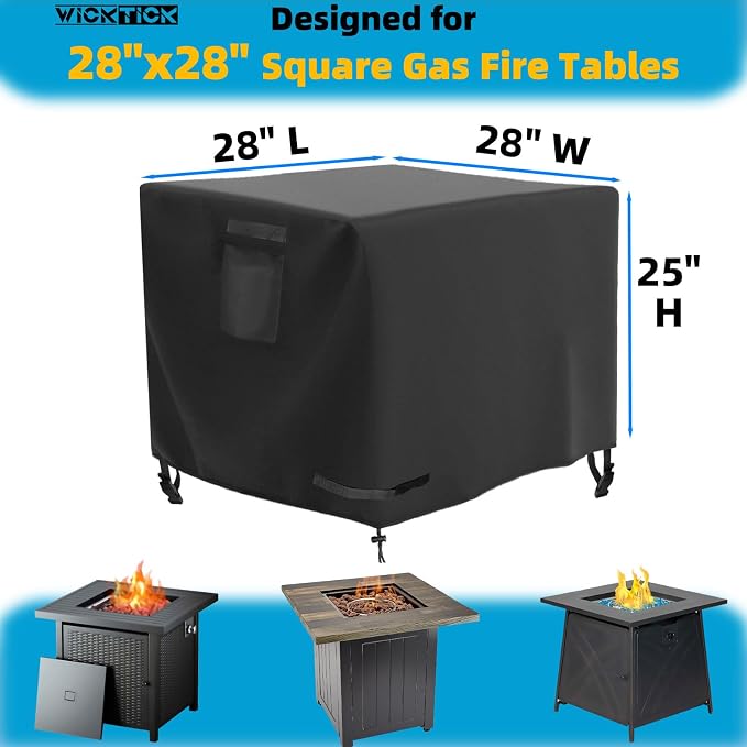 WICKTICK Square Gas Fire Pit Cover 28 x 28 x 25 Inch, Waterproof & 600D Heavy Duty Fire Table Cover, Compatible with Ciays, Xbeauty, Yaheetech, BALI OUTDOORS and more 28x28 Inch Patio Propane Firepits