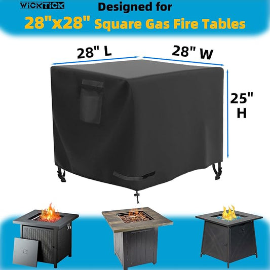 WICKTICK Square Gas Fire Pit Cover 28 x 28 x 25 Inch, Waterproof & 600D Heavy Duty Fire Table Cover, Compatible with Ciays, Xbeauty, Yaheetech, BALI OUTDOORS and more 28x28 Inch Patio Propane Firepits