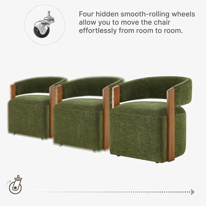 KISLOT Upholstered Dining Chair Set of 1, Barrel Modern Dining Room Chair with Casters, Kitchen Side Wooden Armchair with Fabric Cushion Seat for Bedroom, Livingroom, Reading Room, Green, 1 Box