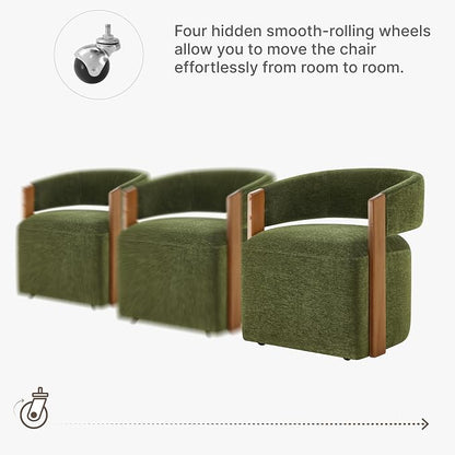KISLOT Upholstered Dining Chairs Set of 2, Barrel Modern Dining Room Chairs with Casters, Kitchen Side Wooden Armchair with Fabric Cushion Seat for Bedroom, Livingroom, Reading Room, Green, 2 Boxs