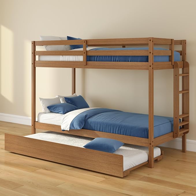 Grain & Grove Bear Twin Over Twin Bunk Bed with Trundle Bed, Sturdy Bunk Bed Frame for Kids, Plywood Bunk with Ladder, Guardrail, and Slats, No Box Spring Required, Oak Embossed Pecan