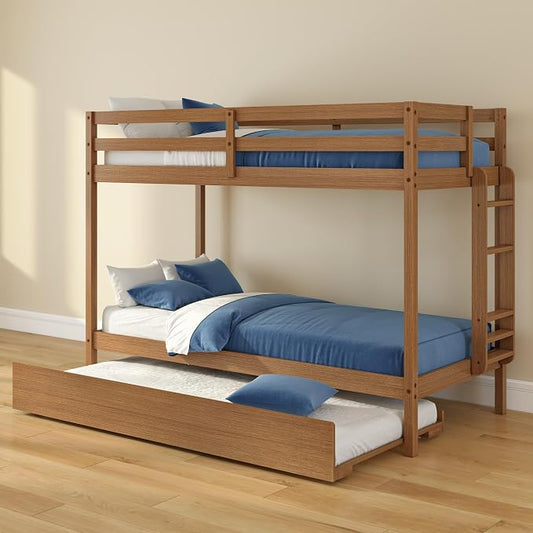 Grain & Grove Bear Twin Over Twin Bunk Bed with Trundle Bed, Sturdy Bunk Bed Frame for Kids, Plywood Bunk with Ladder, Guardrail, and Slats, No Box Spring Required, Oak Embossed Pecan