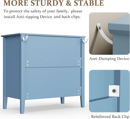 RoyalCraft 32" Large Nightstand, Fluted Painted Bedside Table with 3 Spacious Drawers, Modern Tall End Table for Bedroom, Light Blue
