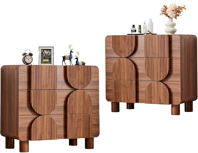 Janmer Home 3 Drawer Nightstand Set of 2, Walnut Wooden Dresser with Curved Profile, Mid-Century Modern Bedside Cabinet for Bedroom Living Room Entryway, 31.5" W x 15.75" D x 29.1" H