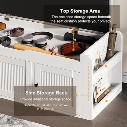 42.6" Entryway Shoe Storage Bench with Padded Seat, 3 Doors and Side Shelves, Lift Top Storage Bench for Shoes, Hallway, Bedroom, Living Room, White