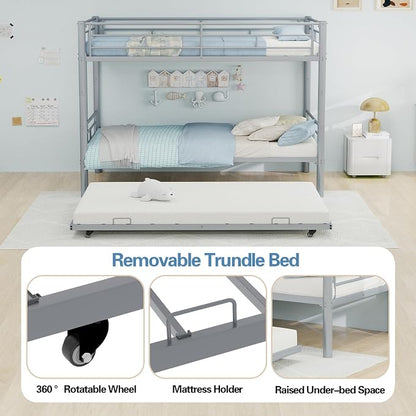 Metal Bunk Bed with Trundle, Space-Saving Bunk Bed Twin Over Twin with Ladders and Safety Guardrail, Heavy Duty Twin Bed Frames, No Box Spring Needed and Noise Free(Silver)