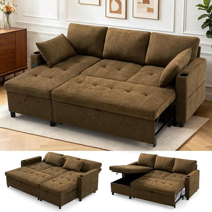 84" L-Shape Reversible Sectional Sofa Bed w/USB Port, Light Brown | Upholstery Sleeper Couch w/Adjustable Backrests & Storage Chaise, Chenille Modern Sofa w/Pull-Out Bed for Living Room