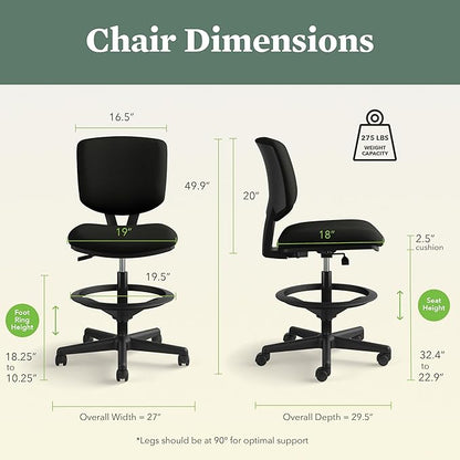 HON Volt Standing Desk Chair with Bonded Leather Seat and Back, Armless Ergonomic Task Stool with Adjustable Footring and Center‑Tilt Recline for Sit‑Stand Workstations, Black
