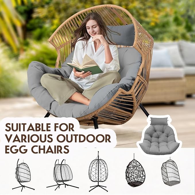Outdoor Hanging Egg Chair Cushion Replacement, Thicken Egg Chair Cushion Waterproof Basket Eggs Chairs Cushion with Headrest Pillow, U-Shaped Cushions for Hanging Eggs Chairs Swing (Grey)