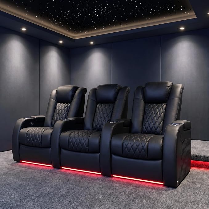 Weilianda Home Theater Seating Top Grain Leather, Zero Gravity Movie Theater Chairs Set, Power Headrest Recliner Chair Gaming Seats, 7 Colors Mood Light Sofa with Tray Table USB Charge Row of 3 Black