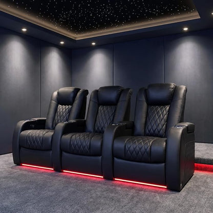 Weilianda Home Theater Seating Top Grain Leather, Zero Gravity Movie Theater Chairs Set, Power Headrest Recliner Chair Gaming Seats, 7 Colors Mood Light Sofa with Tray Table USB Charge Row of 3 Black