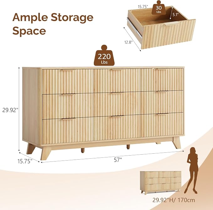 VINGLI Fluted 9 Drawer Dresser for Bedroom, Wood Dresser with Rounded Edges, 57" Long Dressers Oak, Natural Wood Color, 57" W*15.75" D*29.92" H