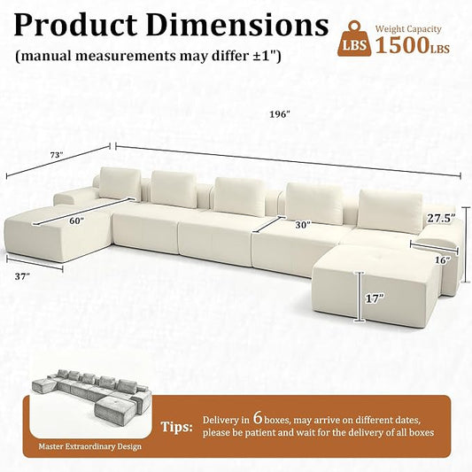 196" U Shaped Oversized Boneless Couch, Comfort Cloud Sectional Couches for Living Room, Modular Sofa High Back & Extra Deep Seat, No Assembly, Chenille(Warm White, 196 inch-U Shaped（5+2）)