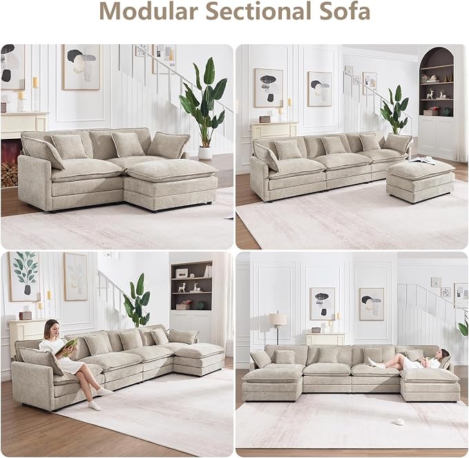 147" Modular Sectional Sofa, Oversized U Shaped Sectionals Cloud Couch, Big Comfy Couch with 2 Ottomans, 6 Seater Chenille Sectional Sofa with Deep Seat and 6 Pillows for Living Room- Camel