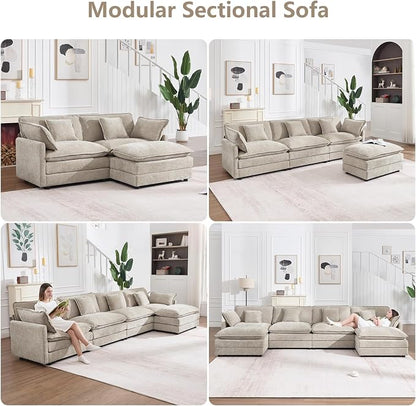 147" Modular Sectional Sofa, Oversized U Shaped Sectionals Cloud Couch, Big Comfy Couch with 2 Ottomans, 6 Seater Chenille Sectional Sofa with Deep Seat and 6 Pillows for Living Room- Camel