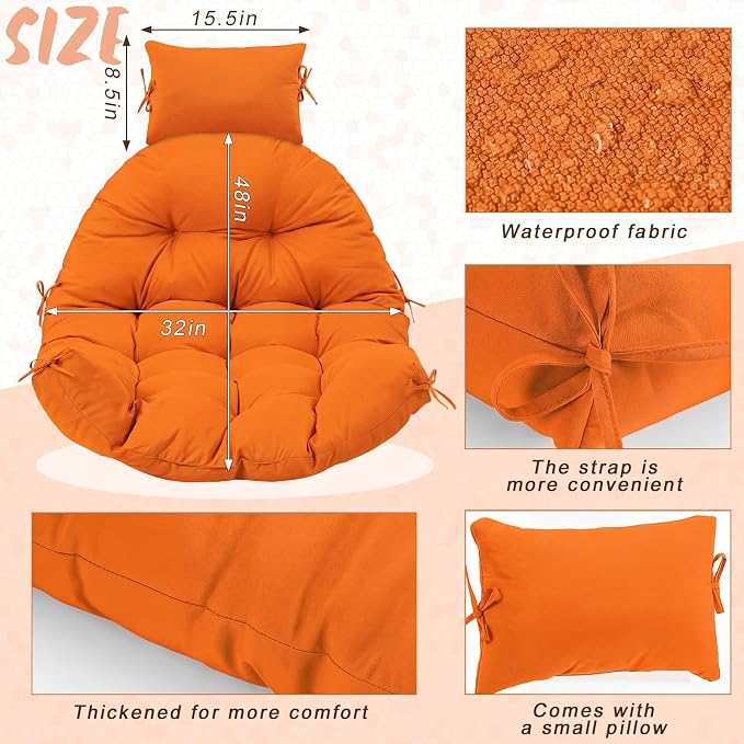 Tudomro Orange Waterproof Egg Chair Cushion with Pillow Filling 2.58 kg Replacement Rocking Wicker Chair Cushion 48" x 32" High Back Hanging Swing Hammock Pad Thicken for Outdoor Patio Garden