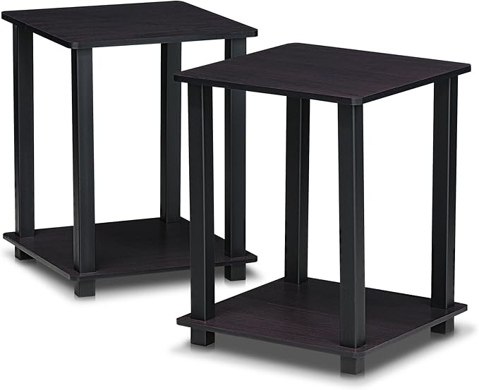 Furinno SIMPLISTIC Side Table Set of 2, 2-Tier Square Modern End Table, Nightstand, Night Stand, Bedside Table, Toolless Assembly, for Living Room, Bedroom, Dark Walnut