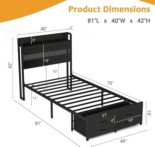 Zevemomo Twin Bed Frame with Drawers, Twin Metal Bed Frame with LED Light and Charging Station, Heavy Duty Metal Slats, No Box Spring Needed, Black