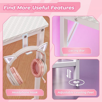 Huuger L Shaped Gaming Desk with Power Outlets & LED Lights, Computer Desk with Monitor Shelves, Carbon Fiber Surface, Home Office Desk, Corner Gaming Desk with Hooks, Carbon Fiber Pink
