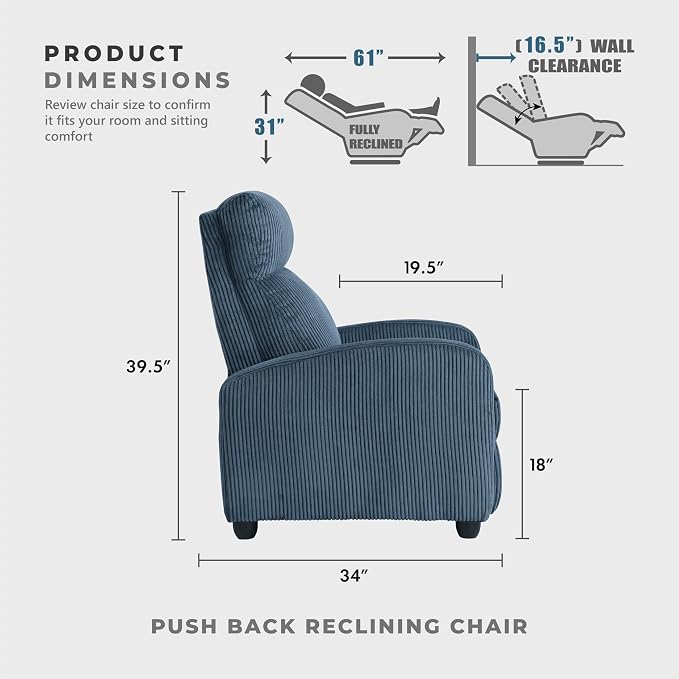 Lexicon Corduroy Pushback Recliner Chair Armchair Push Back Recliner, Solid Wood Frame and Metal Base, Easy Assembly Small Soft Single Sofa Accent Chair for Living Room/Office/Apartment, Midnight Blue