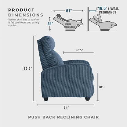 Lexicon Corduroy Pushback Recliner Chair Armchair Push Back Recliner, Solid Wood Frame and Metal Base, Easy Assembly Small Soft Single Sofa Accent Chair for Living Room/Office/Apartment, Midnight Blue