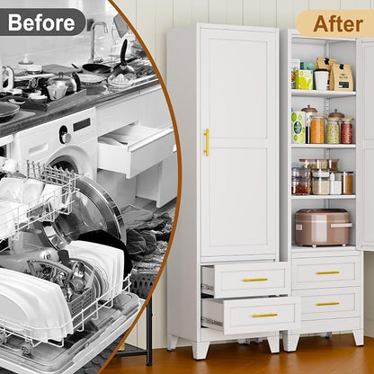 Tall Metal Narrow Storage Cabinet 67" H with 2 Drawer, White Pantry Cabinets with 2 Adjustable Shelves and Door,Tall Bathroom Cabinet for Kitchen, Home Office, Living Room, Dining Room